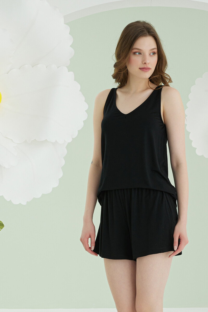 Siyah V Yaka Şortlu Pijama Takımı - 3