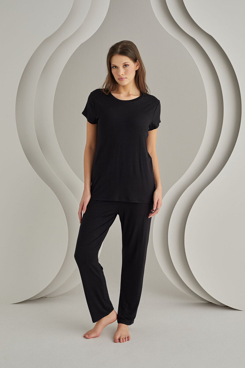 Siyah Viskon Sütyenli Pijama Takımı - 1