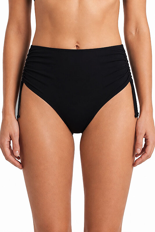 Siyah Yanları Büzgülü Yüksek Bel Tek Alt Bikini - LOYA