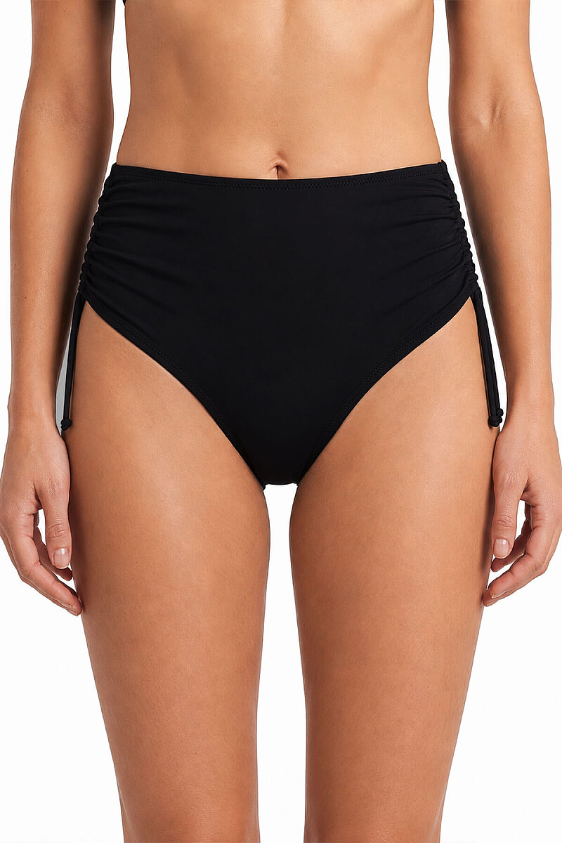 Siyah Yanları Büzgülü Yüksek Bel Tek Alt Bikini - 1