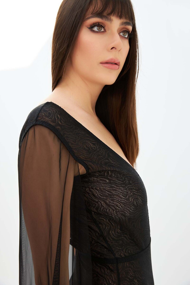 Siyah Yarasa Kol Dantelli Body - 3