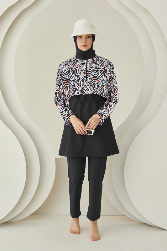 Siyah Yarım Fermuarlı Tesettür Mayo - NBB