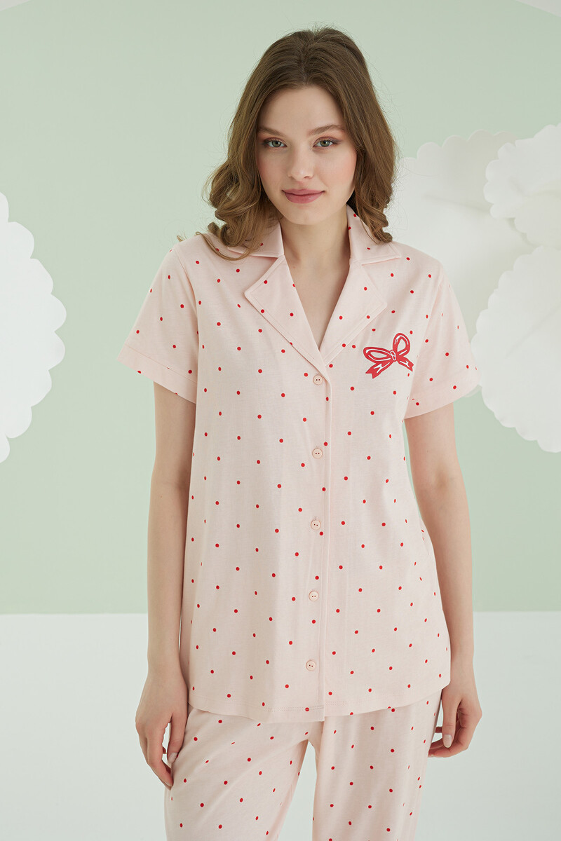 Somon Bow Önden Düğmeli Pijama Takımı - 2