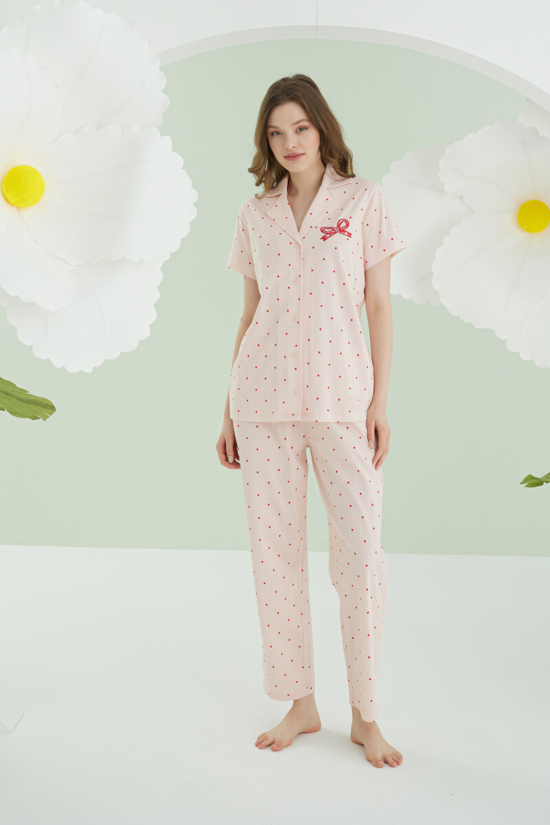 Somon Bow Önden Düğmeli Pijama Takımı - 3