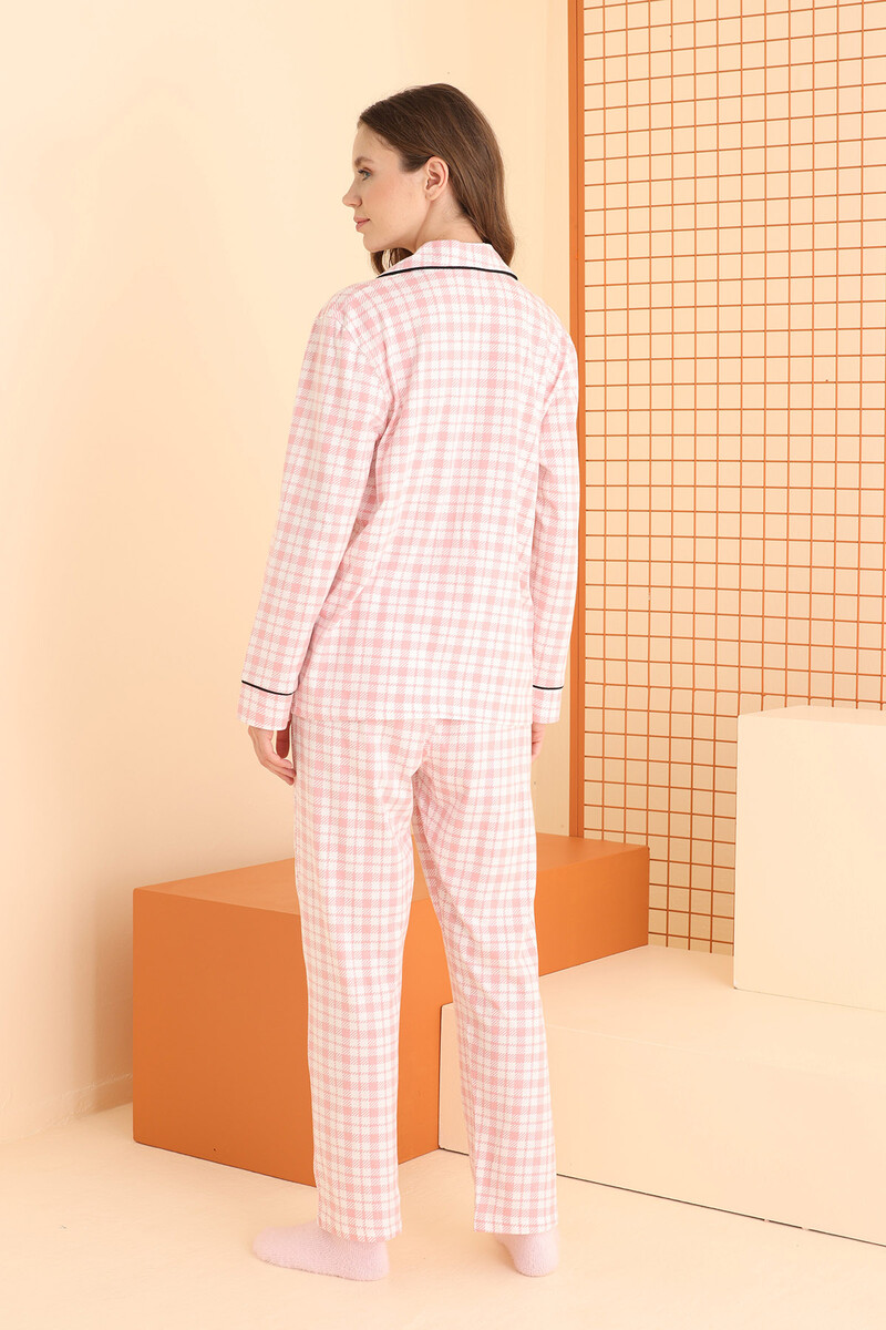 Somon Plaid Stripes Önden Düğmeli Pijama Takımı - 4