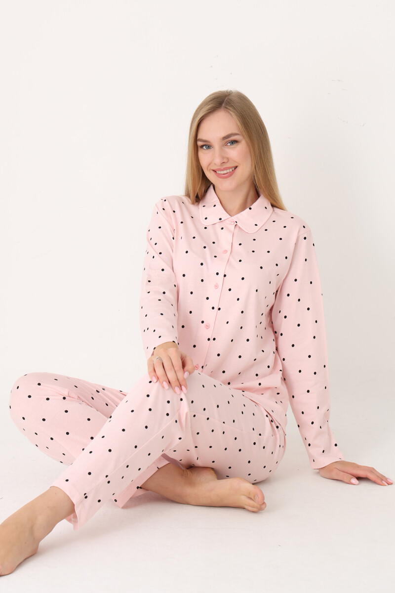 Somon Polka Dot Önden Düğmeli Pijama Takım - 1