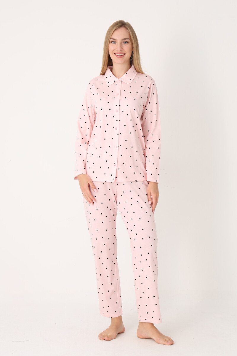 Somon Polka Dot Önden Düğmeli Pijama Takım - 2