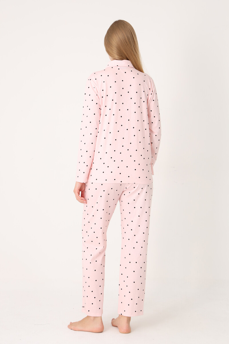 Somon Polka Dot Önden Düğmeli Pijama Takım - 3