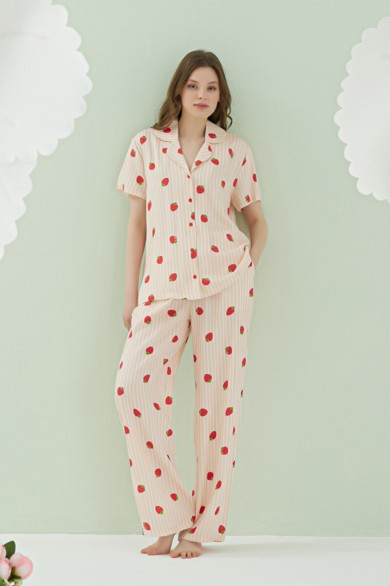 Turuncu Çilekli Önden Düğmeli Pijama Takım - 1