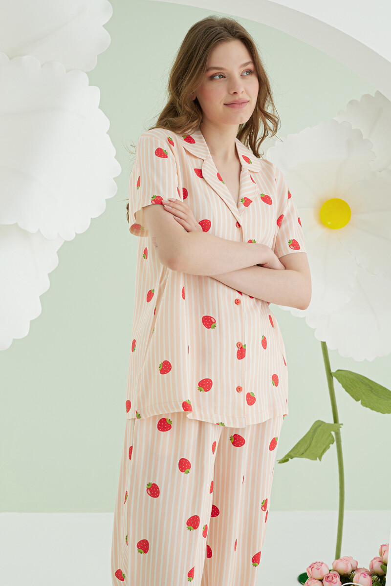 Turuncu Çilekli Önden Düğmeli Pijama Takım - 3