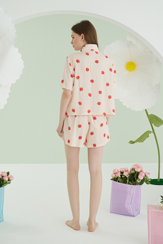 Turuncu Çilekli Şortlu Önden Düğmeli Pijama Takımı - NBB