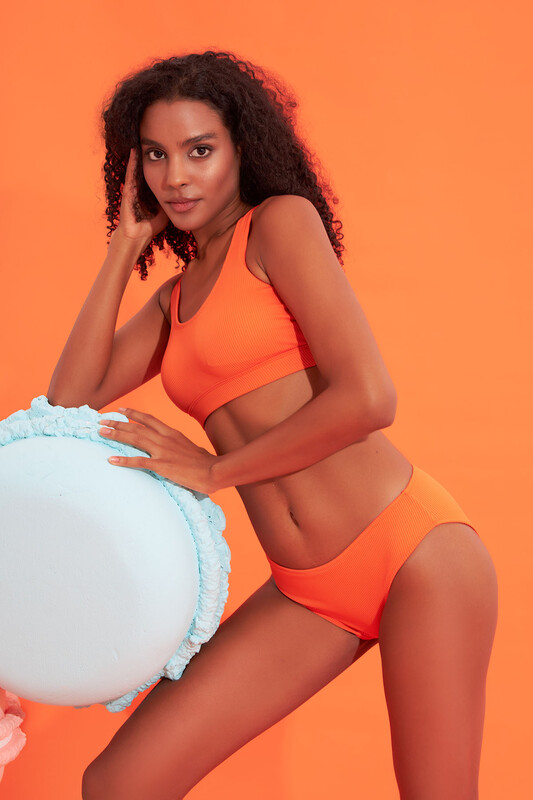 Turuncu Yüksek Bel Fitilli Tek Alt Bikini - LOYA