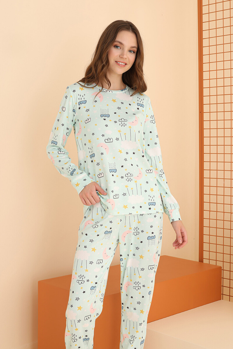Yeşil Bulut Desenli Pijama Takımı - 3