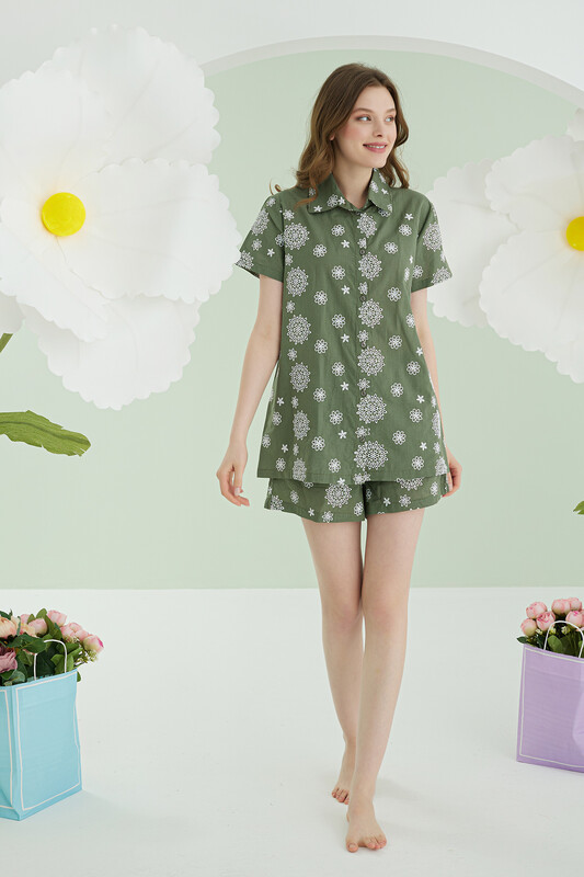 Yeşil Çiçek Desenli Şortlu Önden Düğmeli Pijama Takımı - NBB