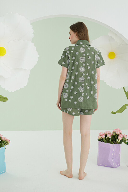 Yeşil Çiçek Desenli Şortlu Önden Düğmeli Pijama Takımı - NBB