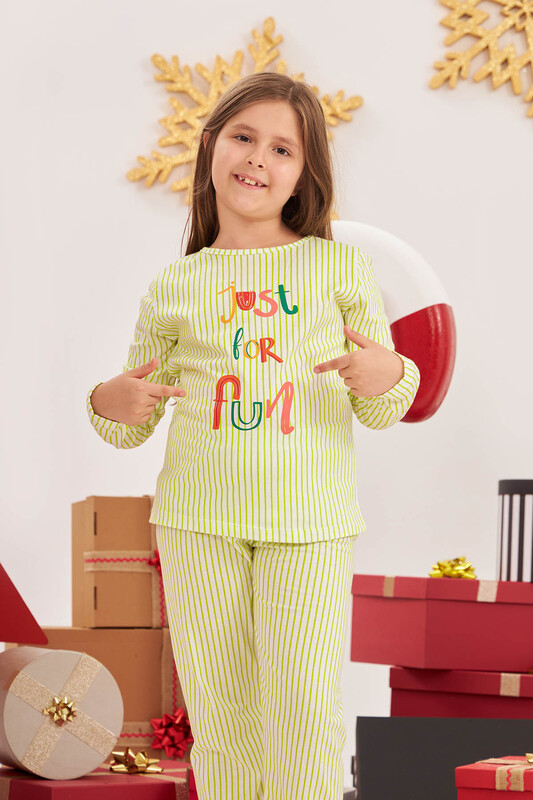 Yeşil Çizgili Just For Fun Çocuk Pijama Takımı - Thumbnail
