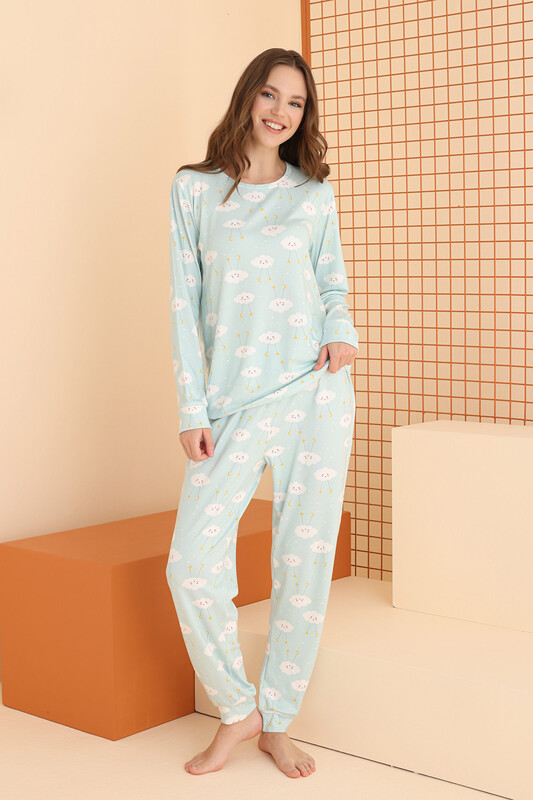 Yeşil Cloud Pattern Pijama Takımı - Thumbnail