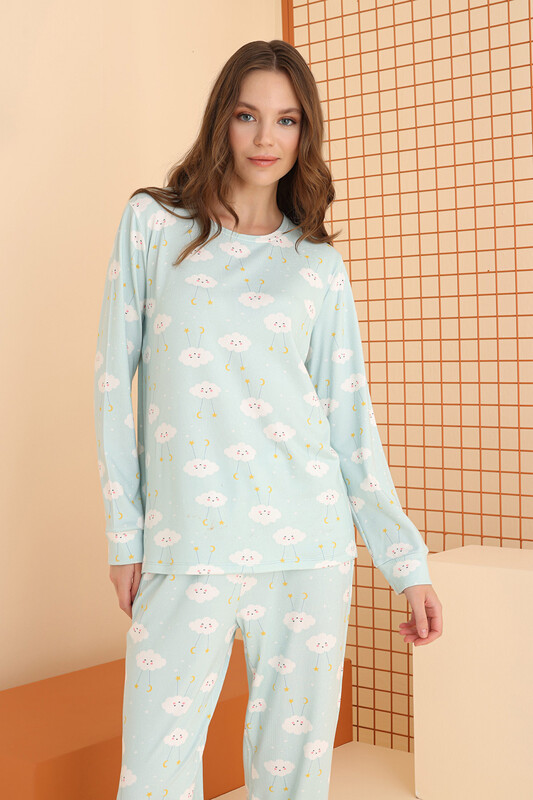 Yeşil Cloud Pattern Pijama Takımı - Thumbnail