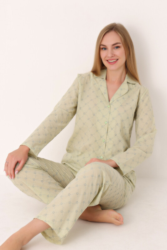 Yeşil Dahlia Önden Düğmeli Pijama Takım 