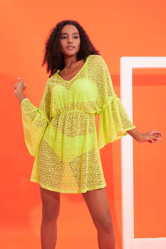 Yeşil Dantelli Beli Büzgülü Elbise Pareo - NBB