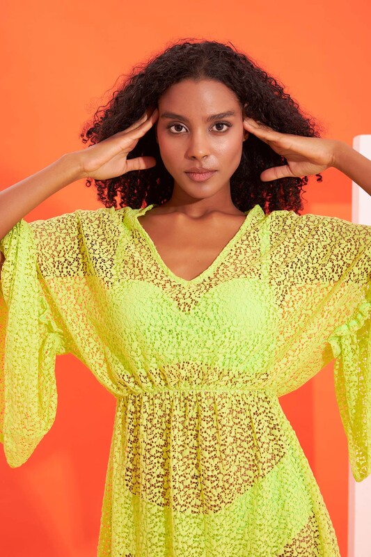 Yeşil Dantelli Beli Büzgülü Elbise Pareo - NBB