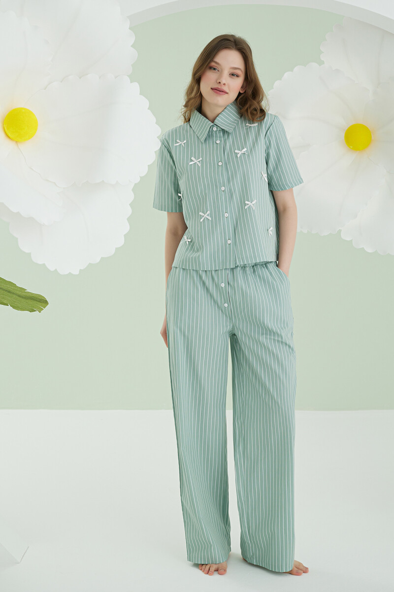 Yeşil Kurdele Önden Düğmeli Pijama Takım - 1