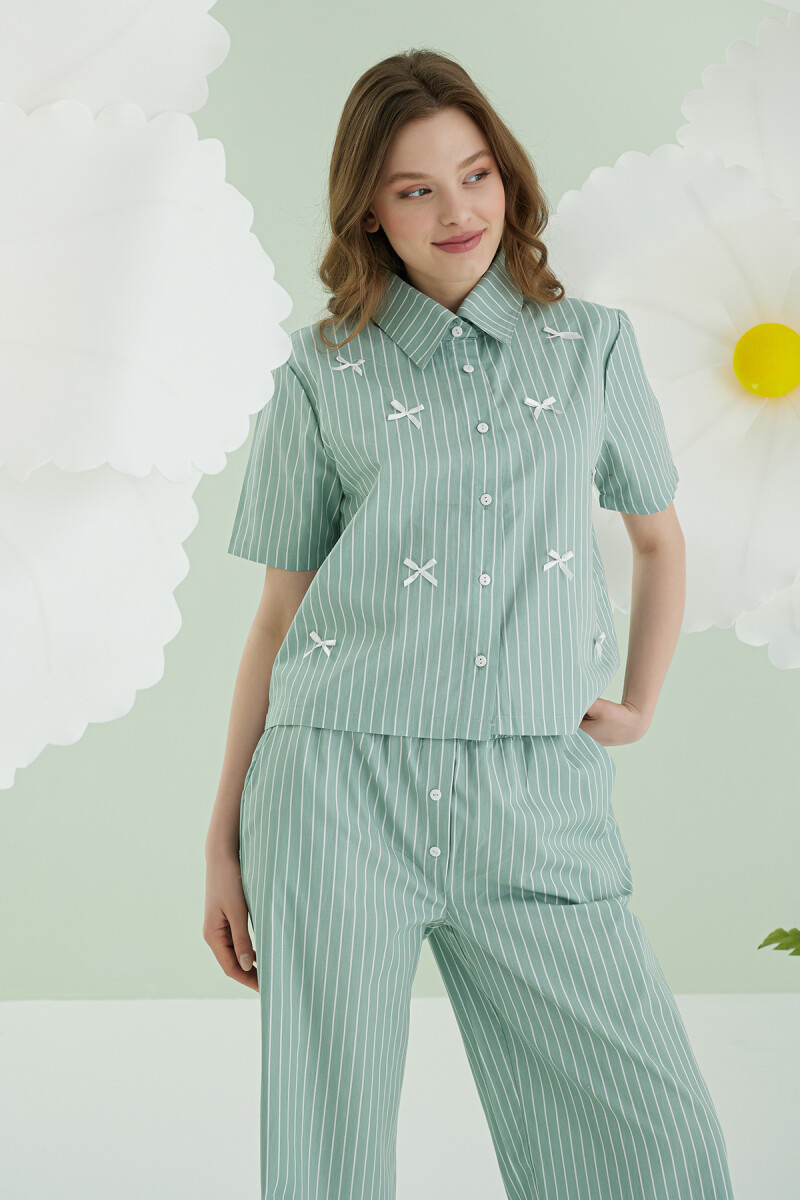 Yeşil Kurdele Önden Düğmeli Pijama Takım - 2