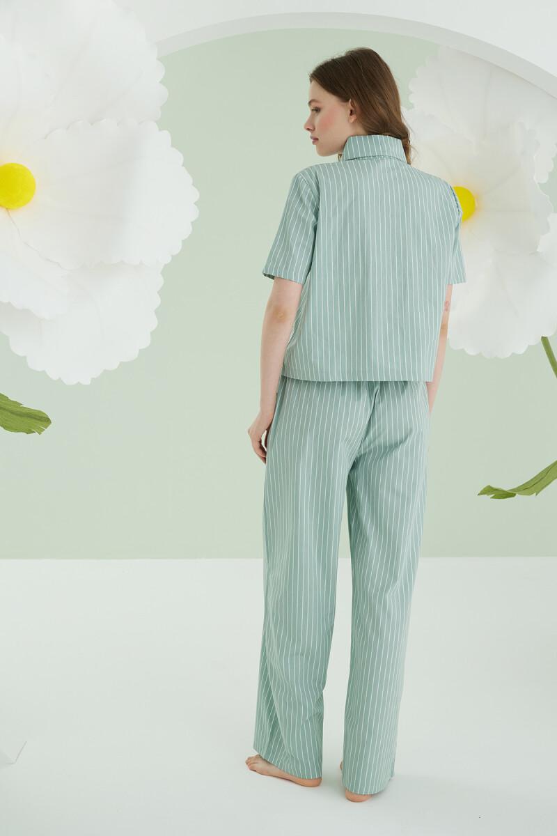 Yeşil Kurdele Önden Düğmeli Pijama Takım - 3
