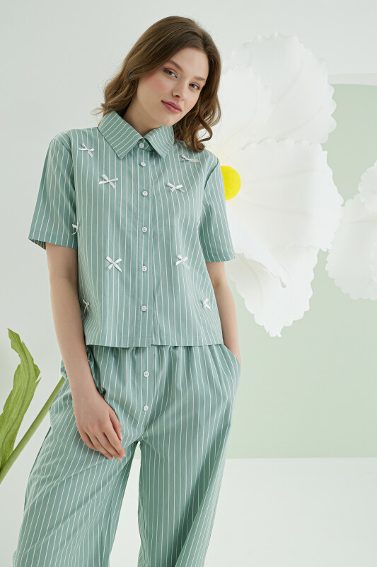 Yeşil Kurdele Önden Düğmeli Pijama Takım - NBB