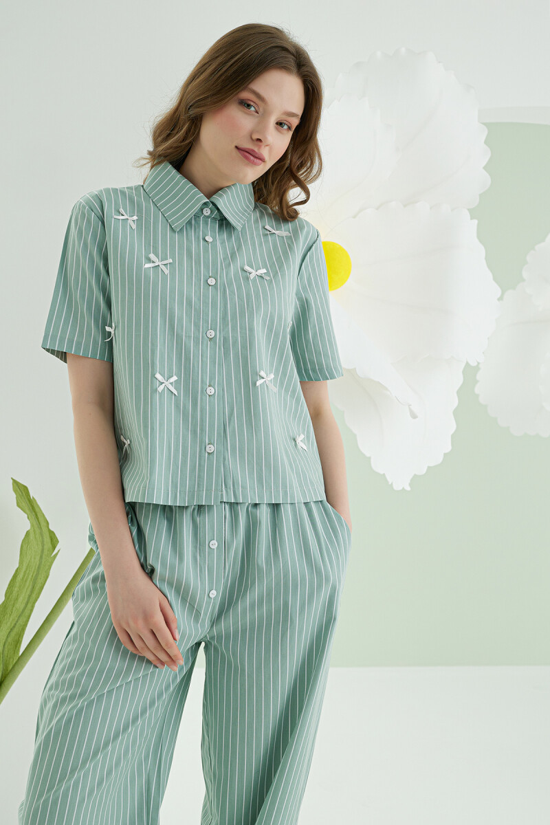 Yeşil Kurdele Önden Düğmeli Pijama Takım - 4