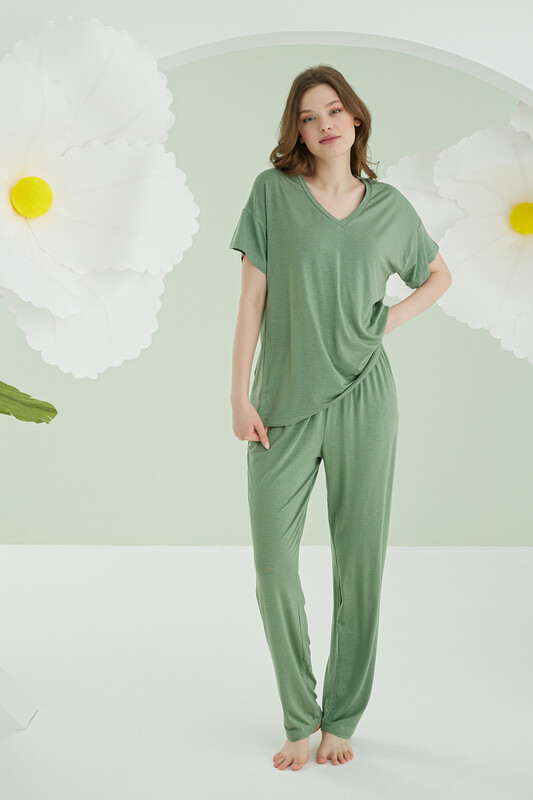 Yeşil Modal V Yaka Pijama Takımı - Thumbnail