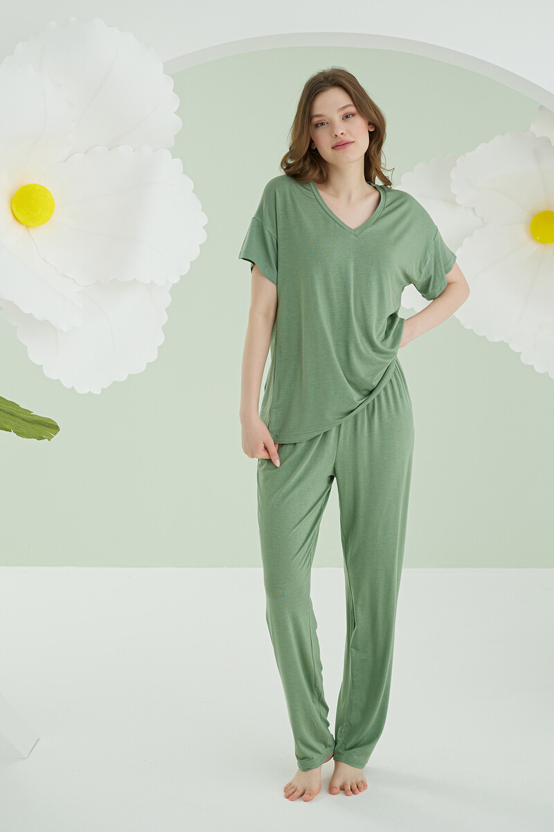 Yeşil Modal V Yaka Pijama Takımı - 1