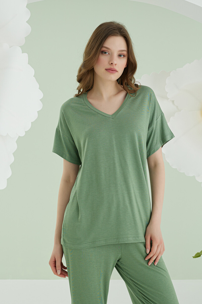 Yeşil Modal V Yaka Pijama Takımı - 2