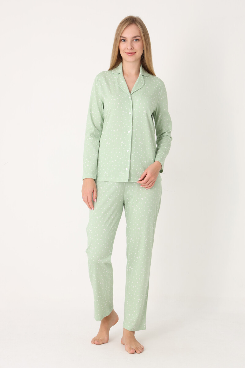Yeşil Moon And Stars Önden Düğmeli Pijama Takım - 1