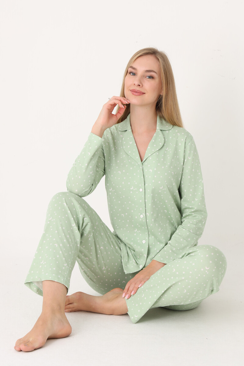 Yeşil Moon And Stars Önden Düğmeli Pijama Takım - 3