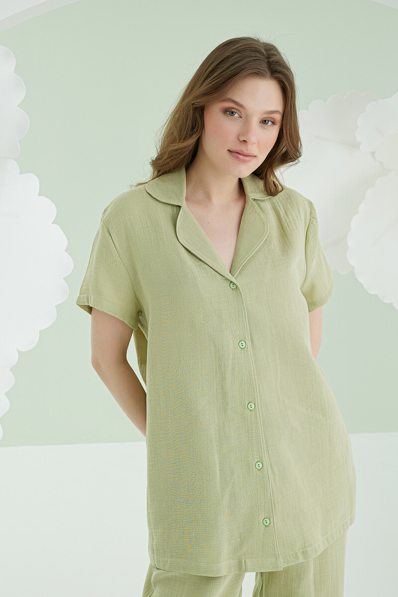 Yeşil Önden Düğmeli Müslin Pijama Takım - 2