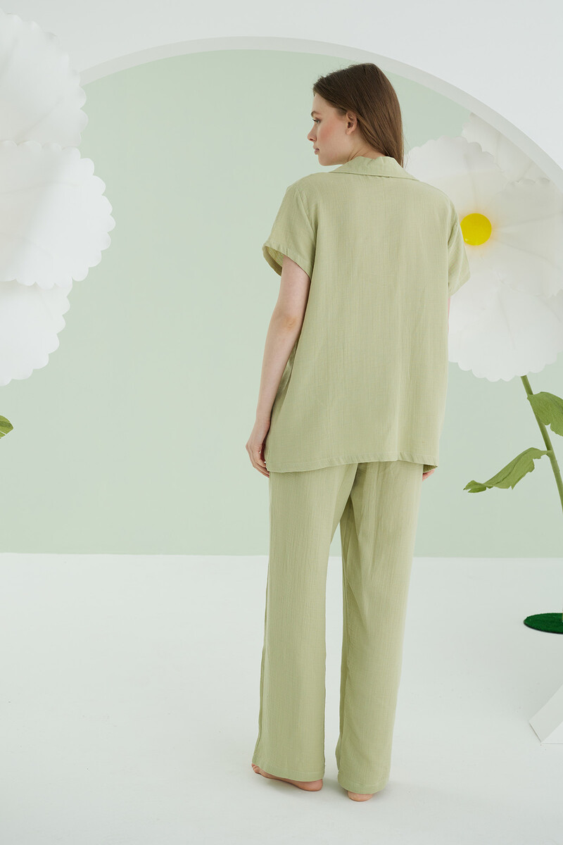 Yeşil Önden Düğmeli Müslin Pijama Takım - 4