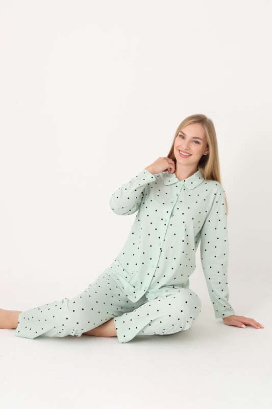 Yeşil Polka Dot Önden Düğmeli Pijama Takım 