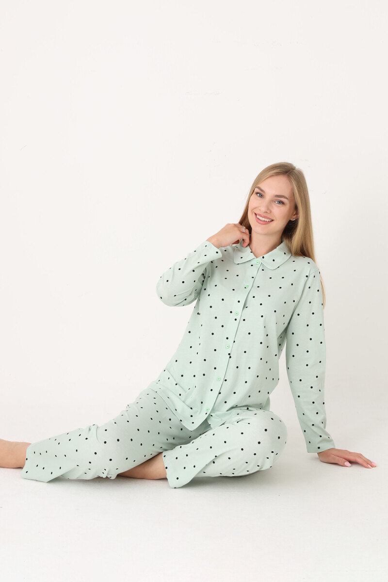 Yeşil Polka Dot Önden Düğmeli Pijama Takım - 1
