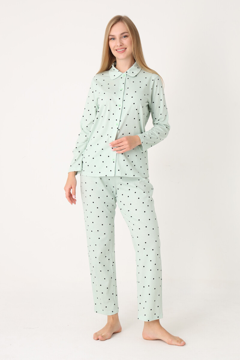 Yeşil Polka Dot Önden Düğmeli Pijama Takım - 2
