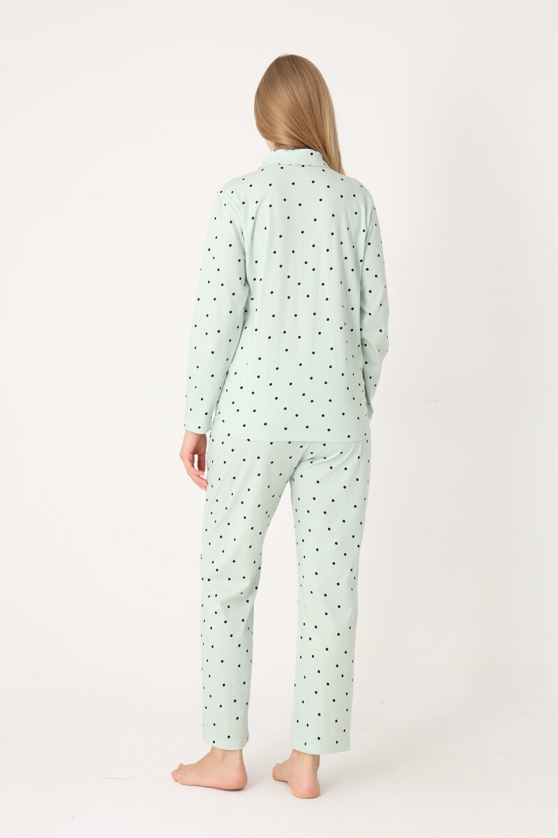 Yeşil Polka Dot Önden Düğmeli Pijama Takım - 3