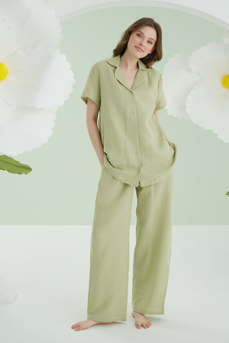 Yeşil Serena Önden Düğmeli Pijama Takım - 1