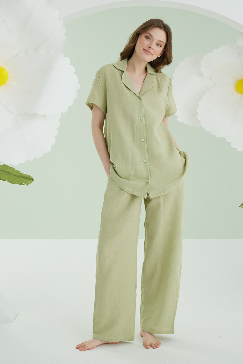 Yeşil Serena Önden Düğmeli Pijama Takım - 4