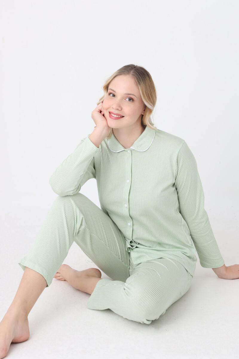 Yeşil Sleepy Önden Düğmeli Pijama Takım - 3