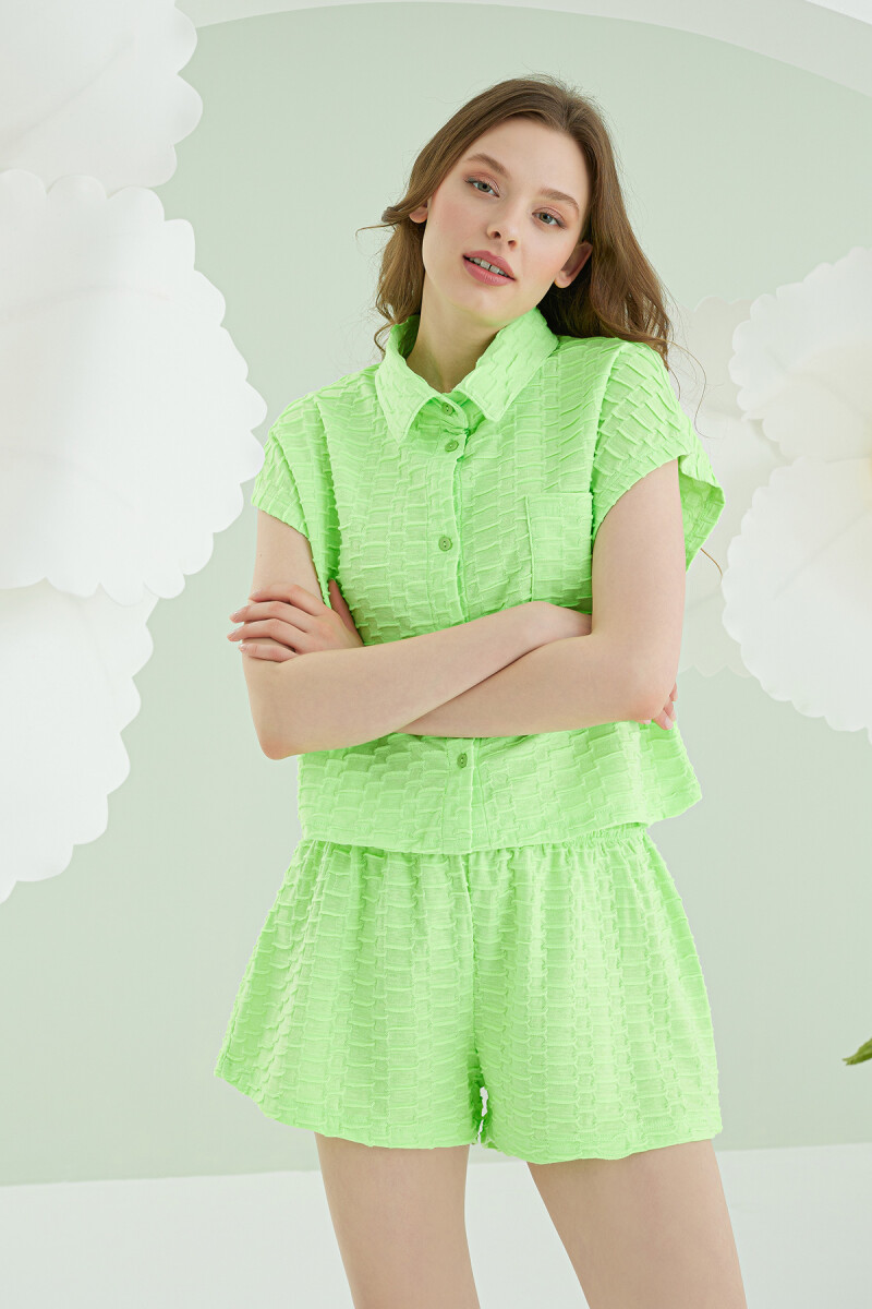 Yeşil Şortlu Önden Düğmeli Pijama Takım - 1