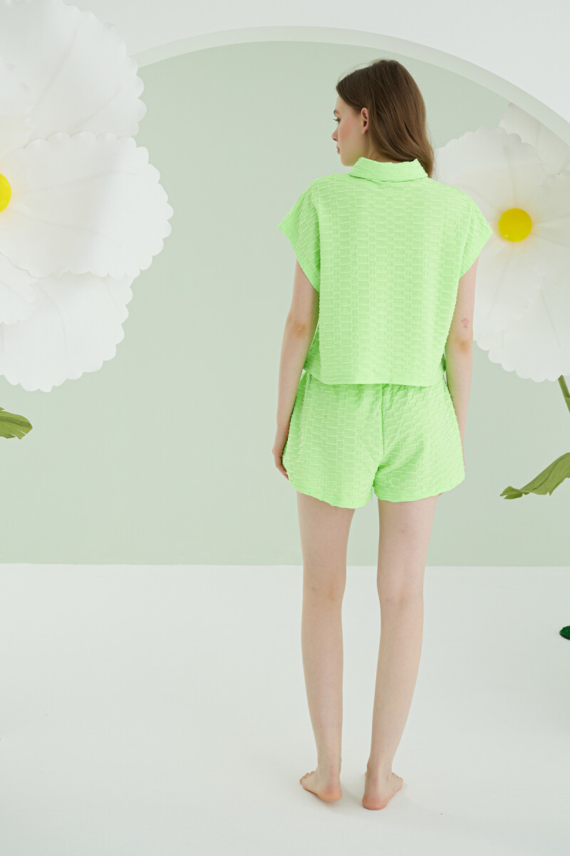 Yeşil Şortlu Önden Düğmeli Pijama Takım - 4