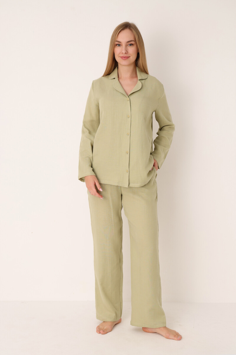 Yeşil Straight Önden Düğmeli Pijama Takım - 1