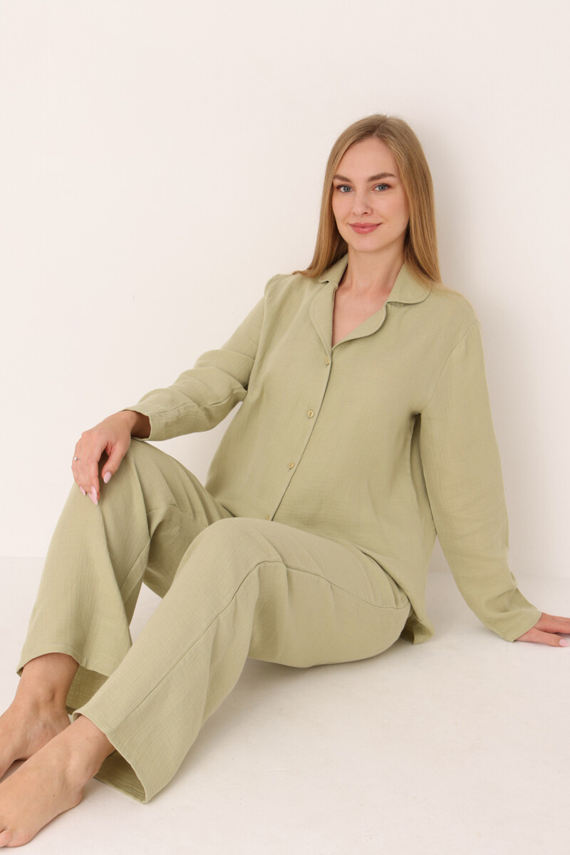 Yeşil Straight Önden Düğmeli Pijama Takım - 3