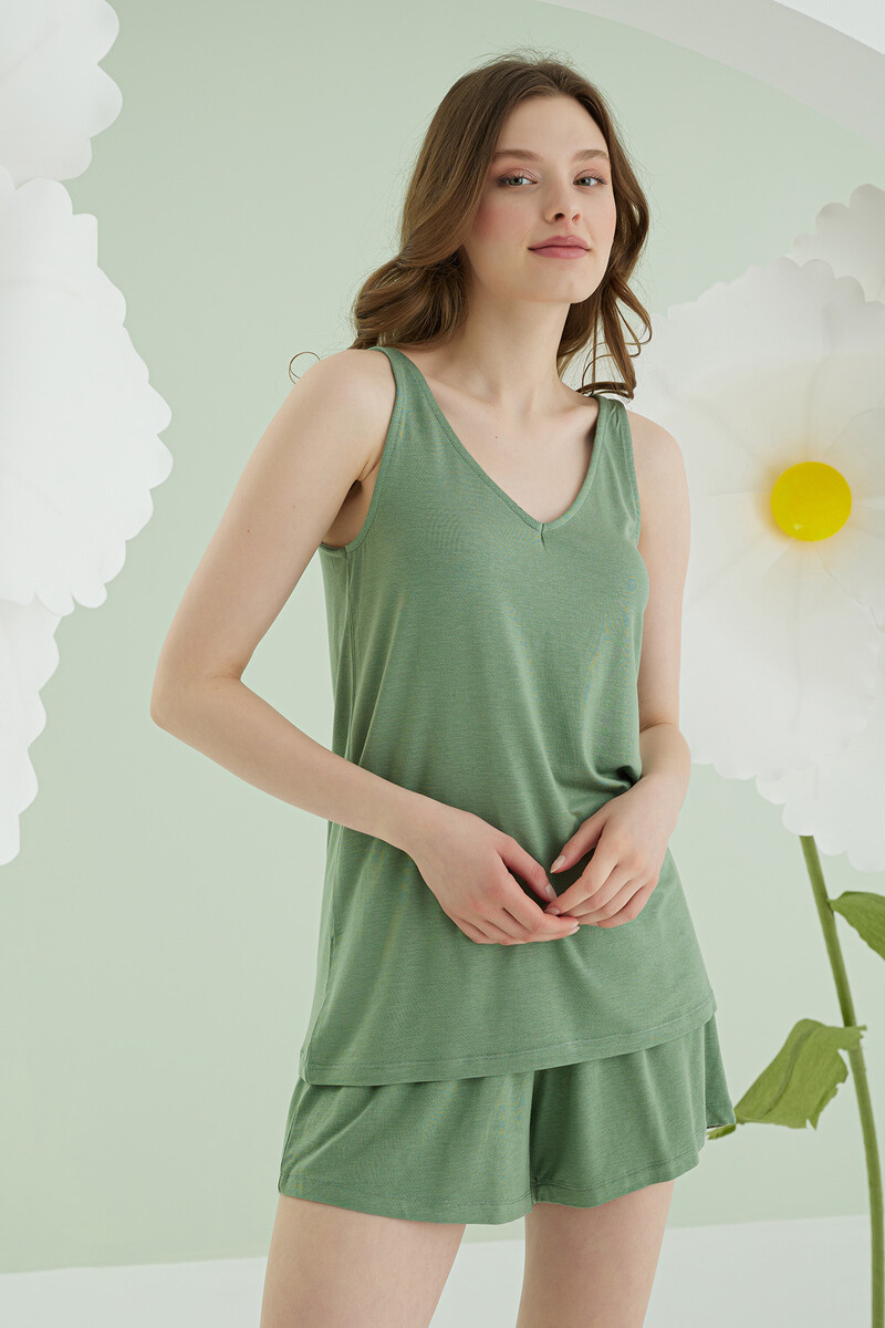 Yeşil V Yaka Şortlu Pijama Takımı - 3